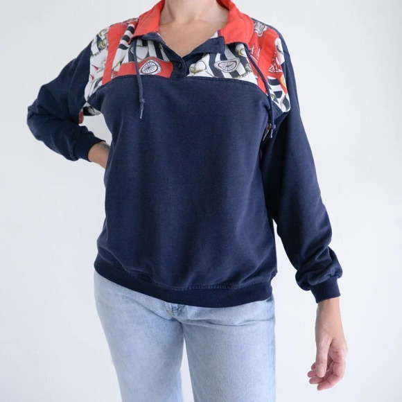 Vintage Euro Joy Navy & Red Nautical  Button Collar with Draw String Sweater - Picture 1 of 11